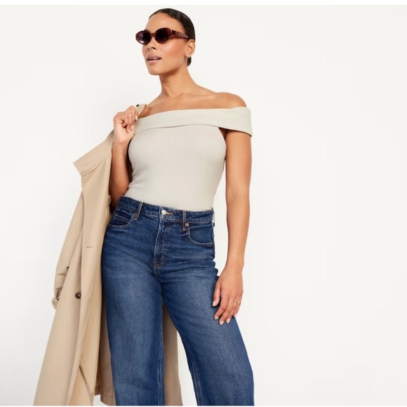 Old Navy Cream Off-Shoulder Ribbed Top - Picture 2 of 5